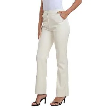 HDE Women's Faux Leather Pants High Waisted Straight Leg Trousers with Pockets Cream White - S