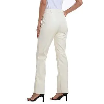 HDE Women's Faux Leather Pants High Waisted Straight Leg Trousers with Pockets Cream White - S