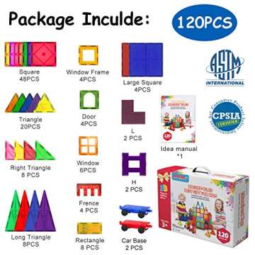 VATENIC 120PCS Kids Magnetic Tiles Building Blocks 2 Cars Magnet Tiles for Kids Birthday Children Educational Learning Building Toys for Boys Girls Age 3 4 5 6 7 8 9 10 Year Old