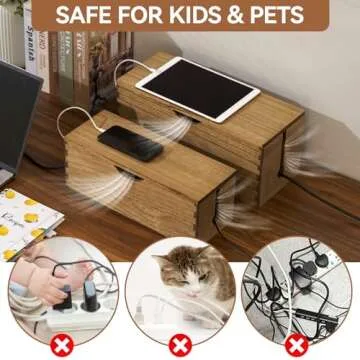 Kirigen Cord Management Box Wooden - Cable Organizer Hide Power Strips,Electrical Plugs - Desk Wires Station Protector for TVs,Computers,Power Cords & Bricks,Phone Ghargers(Set of 2,Dark Brown)