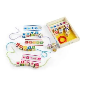 Melissa & Doug Blue’s Clues & You! Wooden Lacing Beads - 25 Beads, 4 Cords - FSC Certified