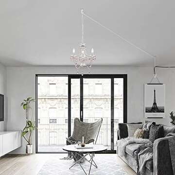Antique House Plug in Chandelier Mini Acrylic Crystal Chandeliers White and Pink Chandelier for Girls Room 3 Light Small Hanging Lamps for Bedroom