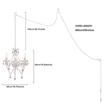 Antique House Plug in Chandelier Mini Acrylic Crystal Chandeliers White and Pink Chandelier for Girls Room 3 Light Small Hanging Lamps for Bedroom