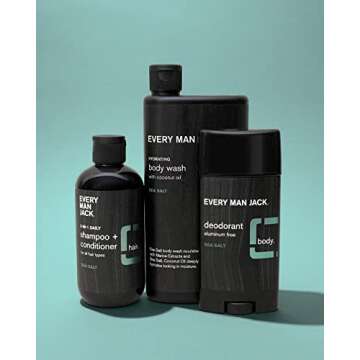 Every Man Jack Sea Salt Bath and Body Gift Set - Perfect for Every Guy - Three Grooming Essentials with Clean Ingredients - Body Wash, 2-in-1 Shampoo + Conditioner, Deodorant + Bonus Dopp Bag