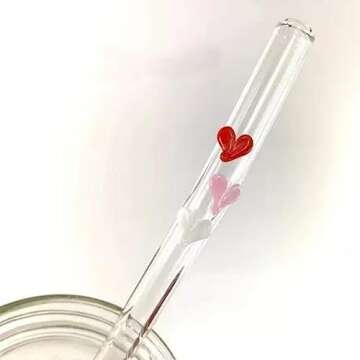 CYISONAL 6 Pack Reusable Glass Straws with 2 Cleaning Brushes,7.86Inch 3-Colors Hearts Clear Straws,Shatter Resistant Bent Drinking Straws for Shakes, Juices, Smoothies, Cocktails