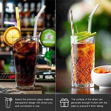 CYISONAL 6 Pack Reusable Glass Straws with 2 Cleaning Brushes,7.86Inch 3-Colors Hearts Clear Straws,Shatter Resistant Bent Drinking Straws for Shakes, Juices, Smoothies, Cocktails