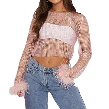 Women's Sexy Pearl Rhinestone Sheer Mesh Fishnet Net Feather Long T-Shirt Crop Top (Pink, L)