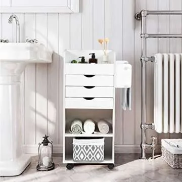 Tangkula Rolling Storage Drawer Cart, Home Office Mobile Drawer Cart, Wooden Utility Cart Storage Cabinet w/ 3 Drawers & 3 Open Storage Shelves, Paper Organizer w/Lockable Casters