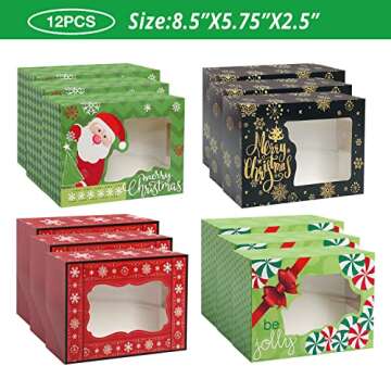 Party Funny 12 Christmas Cookie Boxes -Large Holiday Bakery Food Container for Gift Giving with 80 Count Christmas Foil Gift Stickers