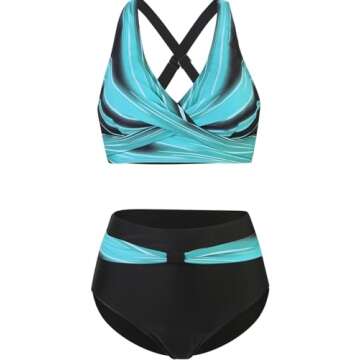 SEAFORM Womens Two Piece Swimsuits Wrap Front Bikini High Waisted Bottom Tummy Control Bathing Suits Vintage Print Swimwear Blue Stripes
