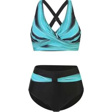 SEAFORM Womens Two Piece Swimsuits Wrap Front Bikini High Waisted Bottom Tummy Control Bathing Suits Vintage Print Swimwear Blue Stripes