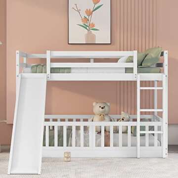 Floor Bunk Bed with Slide, Twin Over Twin Bunk Bed for Kids Toddlers, Wood Low Beds Frame with Ladder for Boys Girls Teens, White