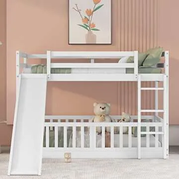 Floor Bunk Bed with Slide, Twin Over Twin Bunk Bed for Kids Toddlers, Wood Low Beds Frame with Ladder for Boys Girls Teens, White