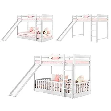Floor Bunk Bed with Slide, Twin Over Twin Bunk Bed for Kids Toddlers, Wood Low Beds Frame with Ladder for Boys Girls Teens, White