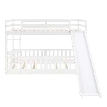 Floor Bunk Bed with Slide, Twin Over Twin Bunk Bed for Kids Toddlers, Wood Low Beds Frame with Ladder for Boys Girls Teens, White