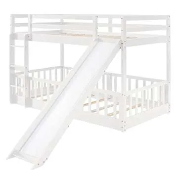 Floor Bunk Bed with Slide, Twin Over Twin Bunk Bed for Kids Toddlers, Wood Low Beds Frame with Ladder for Boys Girls Teens, White