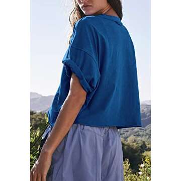 HUGOOME Boxy Crew Neck Blue Flame Crop Top - Loose Fit, Soft, Casual & Athletic (L)