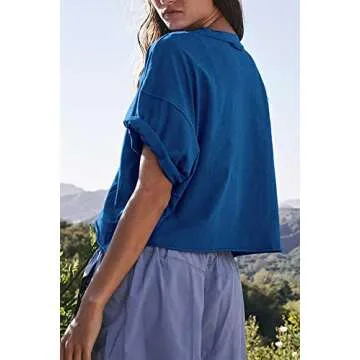 HUGOOME Boxy Crew Neck Blue Flame Crop Top - Loose Fit, Soft, Casual & Athletic (L)