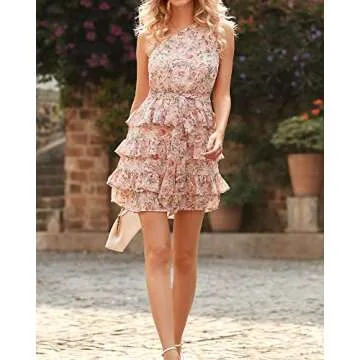 BTFBM Women One Shoulder Summer Dresses 2025 Floral Sundress High Waist Tiered A Line Mini Beach Wedding Guest Dress(Floral Pink, Medium)