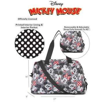 Disney Tote Duffel Bag Mickey Mouse All Over Print Weekender Travel Multicolor (Mickey Minnie Grey)