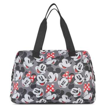 Disney Tote Duffel Bag Mickey Mouse All Over Print Weekender Travel Multicolor (Mickey Minnie Grey)