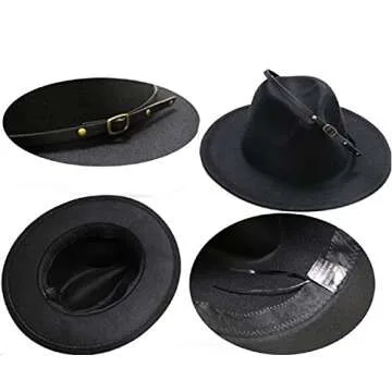 Girls Felt-Fedora-Hat Classic Wide Brim Belt-Buckle Panama Hat for Kids 7-15 Years (Black, 6-12 Years)