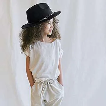 Girls Felt-Fedora-Hat Classic Wide Brim Belt-Buckle Panama Hat for Kids 7-15 Years (Black, 6-12 Years)