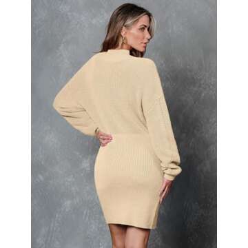LILLUSORY Women's Fall Dress 2023 Cream Mock Neck Trendy Casual Long Sleeve Winter Sweater Dress Ribbed Knit Fashion Outfits Clothes Wedding Guest Bodycon Mini Sweaters