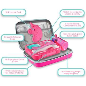 COO&KOO Unicorn Insulated Lunch Box Set with 3 Compartment Ice Pack Water Bottle Silicon Cap Spoon S...