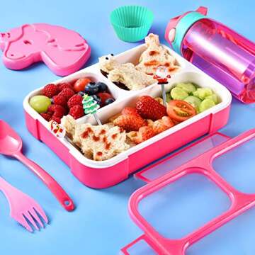 COO&KOO Unicorn Insulated Lunch Box Set with 3 Compartment Ice Pack Water Bottle Silicon Cap Spoon Salad Container Kid's School Supplies Ideal for Age 7-15