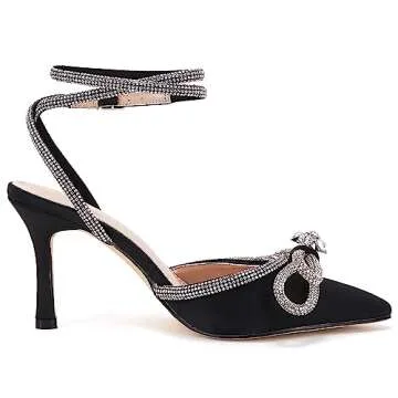 VETASTE Women's Double Bow Pointed Toe Ankle Strap Crystal Pumps Wedding Bridal Party Stilettos Backless Satin Heeled Sandals,Black, Size 8.5