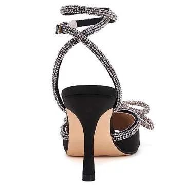 VETASTE Women's Double Bow Pointed Toe Ankle Strap Crystal Pumps Wedding Bridal Party Stilettos Backless Satin Heeled Sandals,Black, Size 8.5
