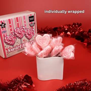 Pink Swirl Heart Lollipops, Individually Wrapped Suckers, Valentine's Day Candy, Strawberry Flavored, 24 Pieces