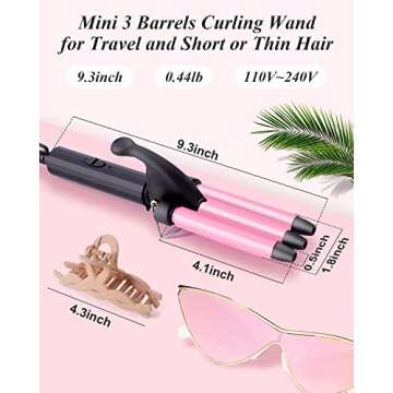 Mini Three Barrel Curling Iron, Small Curling Wand 1/2 Inch for Home and Travel, Ceramic Tourmaline Add Shine to Waves, Youuish Dual Voltage Hair Crimper, Pink