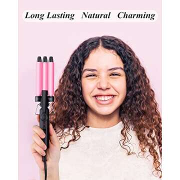 Mini Three Barrel Curling Iron, Small Curling Wand 1/2 Inch for Home and Travel, Ceramic Tourmaline Add Shine to Waves, Youuish Dual Voltage Hair Crimper, Pink