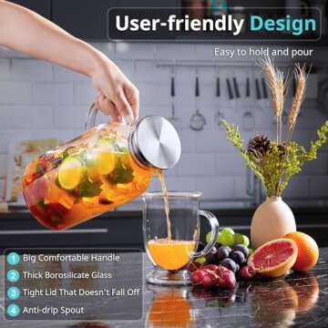 3 Liter 101 oz Glass Pitcher with Lid and Spout, Bivvclaz Glass Water Pitcher for Fridge, Glass Carafe for Hot/Cold Water, Iced Tea Pitcher, Large Pitcher for Coffee, Juice and Homemade Beverage