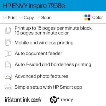 HP ENVY Inspire 7958e Wireless All-in-One Color Inkjet Printer, Print, scan, copy, Duplex printing b...
