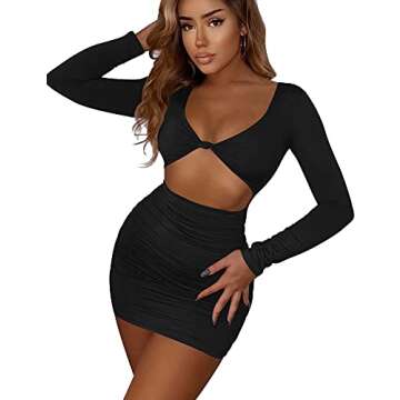 Kaximil Women's Sexy Bodycon Long Sleeve Cut Out Ruched Mini Club Party Dresses, Medium, Black