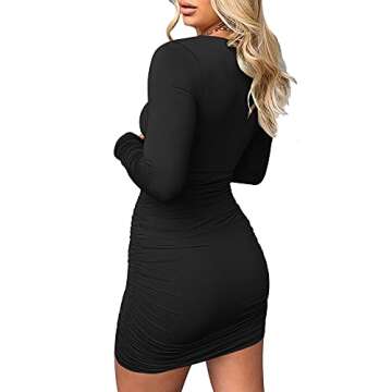 Kaximil Women's Sexy Bodycon Long Sleeve Cut Out Ruched Mini Club Party Dresses, Medium, Black