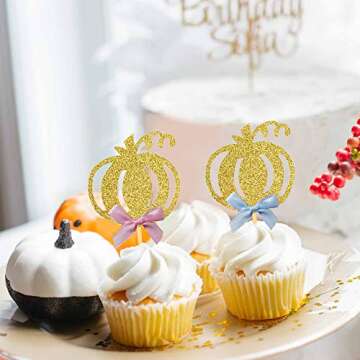 24pcs Pumpkin Gender Reveal Cupcake Toppers - Baby Shower Girl or Boy Party Decorations Supplies, Pumpkin Food Pick (Blue and Pink Bow)