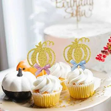 24pcs Pumpkin Gender Reveal Cupcake Toppers - Baby Shower Girl or Boy Party Decorations Supplies, Pumpkin Food Pick (Blue and Pink Bow)