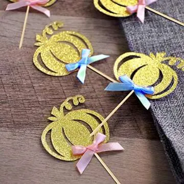 24pcs Pumpkin Gender Reveal Cupcake Toppers - Baby Shower Girl or Boy Party Decorations Supplies, Pumpkin Food Pick (Blue and Pink Bow)