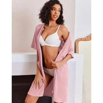 Ekouaer Women Zipper Robe Short Sleeves House Dress Knit Short Bathrobe Sleepwear with Pockets Housecoat Nightgown