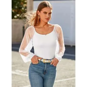 DOROSE Women's Mesh Long Sleeve Casual Blouse Tops White