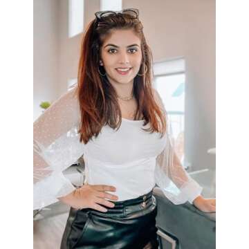 DOROSE Women's Mesh Long Sleeve Casual Blouse Tops White