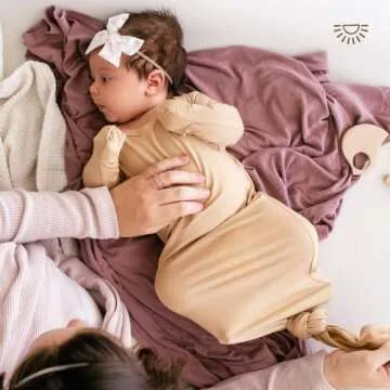 Wallaby Kids Extra Tall Knotted Baby Gown, Super Soft Viscose from Bamboo Newborn Sleeper for Baby Girl and Boy (Oatmeal, 0-3 months)