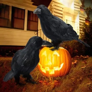 MyoGrip Halloween Decorations 2 PCS Realistic Crows Halloween Decor Birds Black Feathered Crows - Halloween Ravens Prop Decor Outdoor Indoor Party Decoration, Crow Decor, Raven Decor (Black)