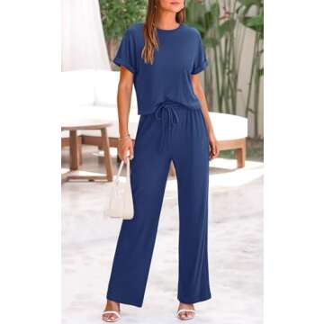 NALANISA Two Piece Outfits for Women Summer Sets Ribbed Knit Short Sleeve Tops Wide Leg Pants Matchi...