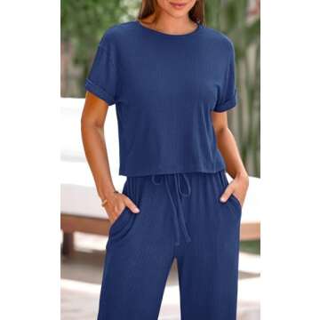 NALANISA Two Piece Outfits for Women Summer Sets Ribbed Knit Short Sleeve Tops Wide Leg Pants Matching Lounge Sets Tracksuit(Blue,2XL)