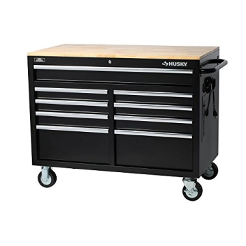 Husky Tools Workbench - Extra Deep 46 in. 9-Drawer Mobile with Wood Top, Black, 200 lb Capacity